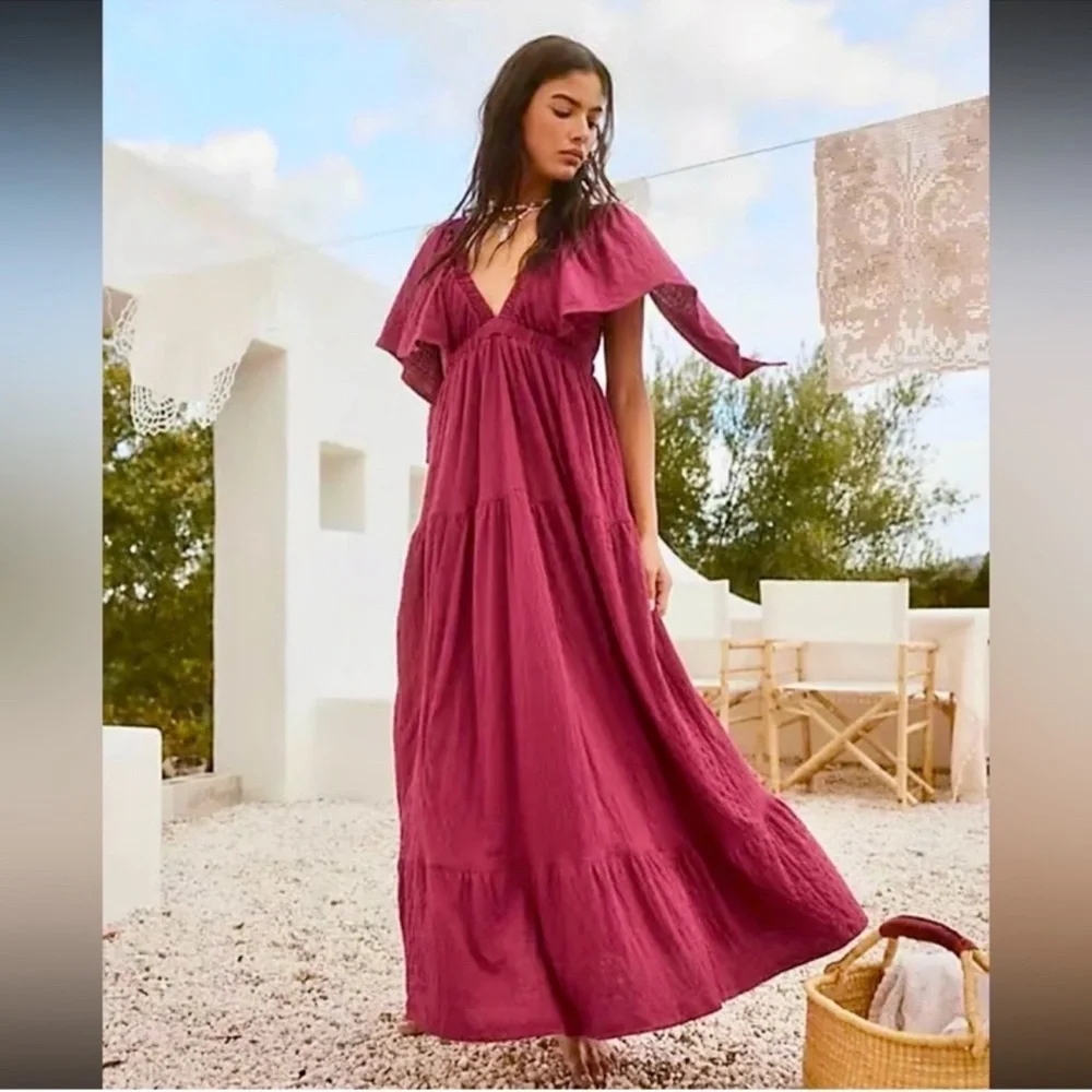 burgundy free people dress Free People Burgundy Knit Maxi Dress with Open Back and Bell Sleeves ( –  The Thrifty Hippy main image 0